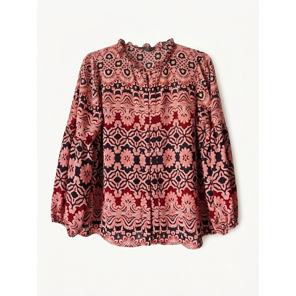The Limited Red Navy Paisley Medallion Ruffle Neck Balloon Sleeve Blouse M